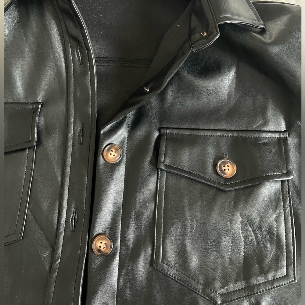 Black Button Down Leather Shacket - image 6